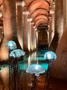 Vertical of blue glowing jellyfish statues in the restored Basilica Cistern, Istanbul, Turkey
