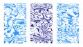 Cartoonish abstract navy background set. Vertical blue rippled water surface, illusion, curvature. Amorphous wavy shapes