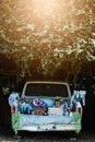 Vertical Blue Vintage Pick-up Truck Filled With Colorful Spring Flowers And Spring Decoration Decor For Home, Business