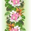 Vertical border seamless background tropical flowers floral arrangement with beautiful Strelitzia and white and pink orchids