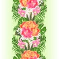 Vertical border seamless background with tropical flowers floral arrangement, with beautiful yellow and pink Lily Alstroemeria Royalty Free Stock Photo