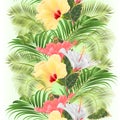 Vertical border seamless background tropical flowers  floral arrangement, with pink white and yellow hibiscus and  palm ficus Royalty Free Stock Photo