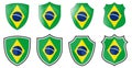 Vertical Brazilian flag in shield shape, four 3d and simple versions. Brazil icon / sign