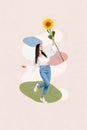 Vertical brochure poster creative pinup pop collage of charming cute lovely lady hold big sunflower rejoice sunny