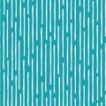 Vertical broken up white grunge lines in random design. Seamless linear geometric vector pattern on aqua blue background