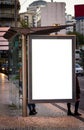 Vertical Bus Stop Advertisement Mockup. Street. Evening. People Waiting. Copy Space