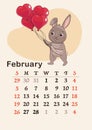 Vertical calendar 2023. Month of February. The hare is holding a bunch of balloons in the shape of a heart.