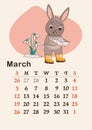 Vertical calendar 2023. Month of March. A hare in rubber boots holds a paper boat near the snowdrops.