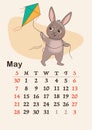 Vertical calendar 2023. The month of May. The hare is flying a kite.