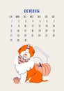 Vertical calendar for october 2023 with old english sheepdog. Isolated on beige background. Vector flat illustration. Week starts Royalty Free Stock Photo