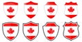 Vertical Canada maple leaf flag in shield shape, four 3d and simple versions. Canadian icon / sign