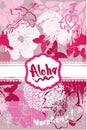 Vertical Card in grunge style with handwritten text ALOHA, VACATIONS, I LOVE TRAVEL, butterflies and frangipani, Plumeria flowers