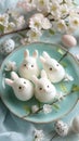 Vertical card with white edible sweet Easter bunnies made of marshmallow, Easter painted eggs and spring flowers. Happy Easter. Royalty Free Stock Photo