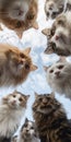 Vertical cat collage wallpaper with 20 Ragamuffin cats, mostly gray and white, looking down at the camera from overhead Royalty Free Stock Photo