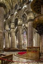 Vertical of Center Nave columns and tile floor inside interior Duomo di Milano Royalty Free Stock Photo