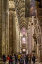 Vertical of Center Nave columns and tile floor inside interior Duomo di Milano