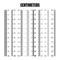 Vertical centimeter scale for measuring length or height. Various measurement scales with divisions. Ruler, tape measure