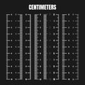 Vertical centimeter scale for measuring length or height. Various measurement scales with divisions. Ruler, tape measure