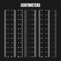 Vertical centimeter scale for measuring length or height. Various measurement scales with divisions. Ruler, tape measure