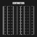 Vertical centimeter scale for measuring length or height. Various measurement scales with divisions. Ruler, tape measure