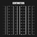 Vertical centimeter scale for measuring length or height. Various measurement scales with divisions. Ruler, tape measure