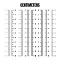 Vertical centimeter scale for measuring length or height. Various measurement scales with divisions. Ruler, tape measure