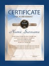 Vertical certificate achievement or diploma template with blue geometric modern background. Vector