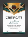 Vertical certificate or diploma template with gold and turquoise decorative elements on white background. Vector