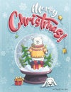 Vertical christmas card, funny little bear in glass ball Royalty Free Stock Photo