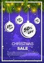 Vertical Christmas discount flyer, banner, poster with snowy landscape and pine needles.