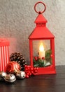 Vertical Christmas lantern red with gift box silver bells also pine cones