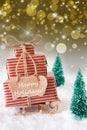 Vertical Christmas Sleigh On Golden Background, Text Happy Holidays Royalty Free Stock Photo