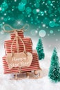 Vertical Christmas Sleigh On Green Background, Text Happy New Year