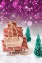 Vertical Christmas Sleigh On Purple Background, Danke Means Thank You