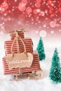 Vertical Christmas Sleigh On Red Background, Text Welcome Royalty Free Stock Photo