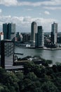 Vertical cityscape of Rotterdam, skyline of coastal city buildings on a cloudy sky, Netherlands