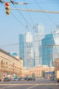 Vertical cityscape - the streets of Moscow with a view of Moscow City