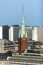 Vertical cityscape view of the church Klara with surrounding office buildings with sky and horizon in Stockholm.