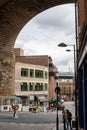 A vertical cityscape view from under the bridge over The Side, Quayside, Newcastle upon Tyne, UK. Royalty Free Stock Photo