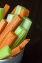 Vertical close up filled frame isolated shot of party snack food. A white bowl of crunchy orange carrot and juicy green celery Royalty Free Stock Photo