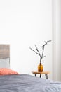 Vertical close-up of glass orange vase with a tree branch standing on a simple wood table next to the bed