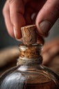 Vertical close-up of a hand uncorking a bottle of aged grappa with visible texture on the bottle neck and cork Royalty Free Stock Photo