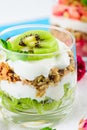 Vertical close-up of healthy vegan Breakfast, kiwi dessert, granola and ricotta cheese