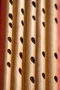 India, Vertical Close up of the holes of hindu bamboo flute called Bansuri.