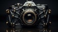 Vertical close-up image of fashion and creatively designed, retro vintage old photo camera. Film camera in unusual modern abstract