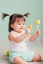 Vertical close up indoor easter portrait of cute happy baby girl Royalty Free Stock Photo