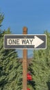 Vertical Close up of a One Way road sign against tree leaves and blue sky on a sunny day Royalty Free Stock Photo