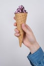 Vertical close up photo of hand holding yummy delicious tasty pink chocolate ice cream isolated grey background