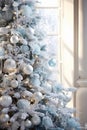 Vertical close-up photography of Christmas tree at home in white and blue tones. Generative AI