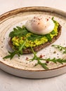 Vertical close up poached egg toast with avocado, salted salmon, arugula and rye bread Royalty Free Stock Photo